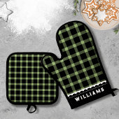 Ensemble De Gant De Cuisine Et De Manique Monogramme Rustique Vert Plaid