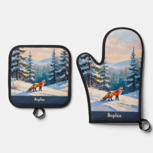 Ensemble De Gant De Cuisine Et De Manique Montagnes d'hiver Scène de neige Forêt Arbres Rena