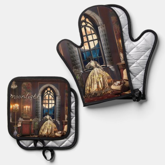 Ensemble De Gant De Cuisine Et De Manique Moonlight (Recto/Verso)