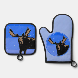 Ensemble De Gant De Cuisine Et De Manique Moose en hiver - Art original de la faune