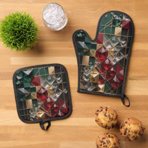 Ensemble De Gant De Cuisine Et De Manique Mosaïque de Noël abstraite futuriste de luxe
