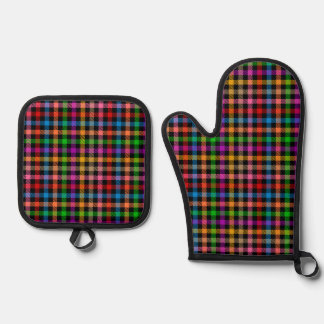 Ensemble De Gant De Cuisine Et De Manique Motif à carreaux gingham arc-en-ciel coloré - Noir