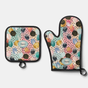 Ensemble De Gant De Cuisine Et De Manique Motif Abstrait brosse et Pointe Polka
