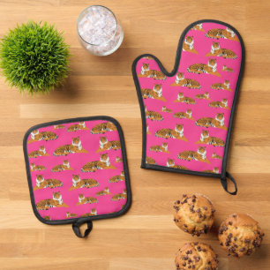 Ensemble De Gant De Cuisine Et De Manique Motif animal du tigre de la jungle rose orange