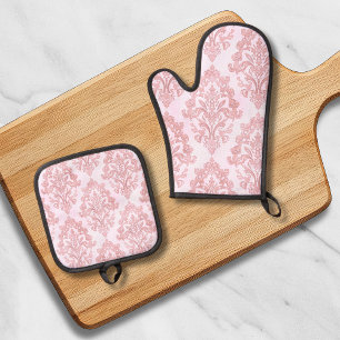 Ensemble De Gant De Cuisine Et De Manique Motif aquarelle damassé victorien rose tendre