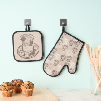 Ensemble De Gant De Cuisine Et De Manique Motif avec tasse de thé turc soucoupe de sucre cub