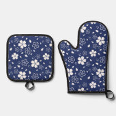 Ensemble De Gant De Cuisine Et De Manique Motif Blue Sakura (Recto)