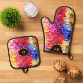 Ensemble De Gant De Cuisine Et De Manique Motif Carré rétro coloré de miroir Disco (De haut en bas)