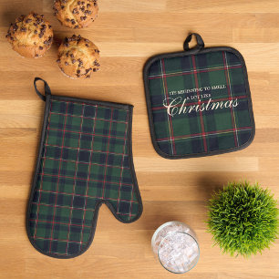 Ensemble De Gant De Cuisine Et De Manique Motif carreaux classique bleu foncé rouge vert