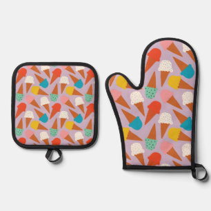 Ensemble De Gant De Cuisine Et De Manique Motif coloré de cône de glace dessiné à la main