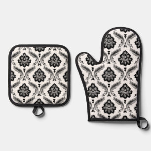 Ensemble De Gant De Cuisine Et De Manique Motif Damassé Rococo Gris Noir Blanc