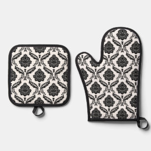 Ensemble De Gant De Cuisine Et De Manique Motif Damassé Rococo Noir sur Blanc