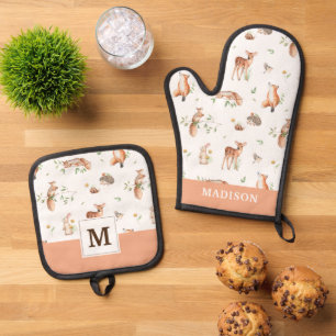 Ensemble De Gant De Cuisine Et De Manique Motif d'amis animaux de bois mignon