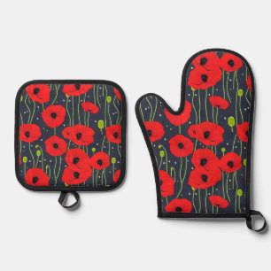 Ensemble De Gant De Cuisine Et De Manique Motif d'art vibrant de coquelicots rouges modernes
