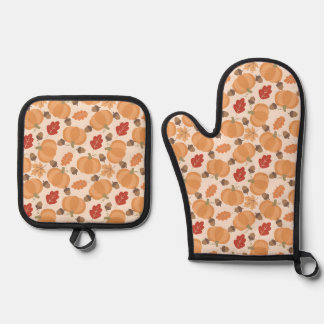 Ensemble De Gant De Cuisine Et De Manique Motif d'automne avec citrouilles, glands et feuill