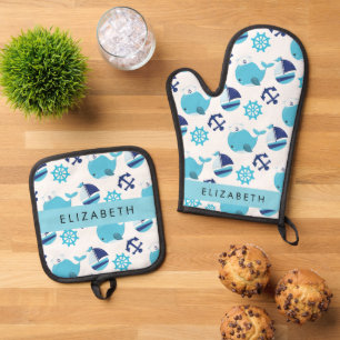 Ensemble De Gant De Cuisine Et De Manique Motif De Baleines, Baleines Bleues, Votre Nom