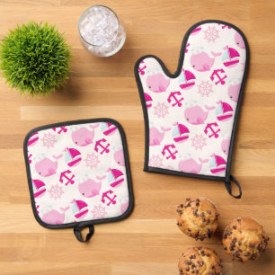 Ensemble De Gant De Cuisine Et De Manique Motif De Baleines, Beaux Baleines, Baleines Roses