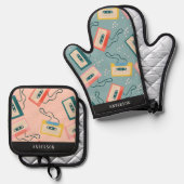 Ensemble De Gant De Cuisine Et De Manique Motif de bande de cassette rétro (Recto/Verso)