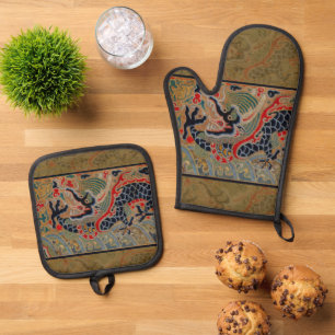 Ensemble De Gant De Cuisine Et De Manique Motif de broderie en soie de dragon chinois antiqu