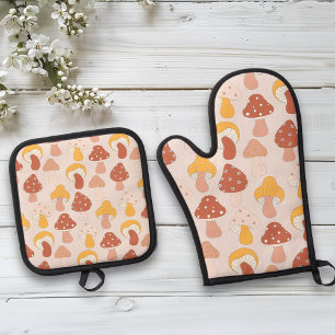 Ensemble De Gant De Cuisine Et De Manique Motif de champignons Retro