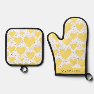 Ensemble De Gant De Cuisine Et De Manique Motif de coeur jaune moderne personnalisé