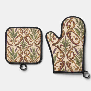 Ensemble De Gant De Cuisine Et De Manique Motif de défilement or lavande romarin