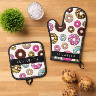 Ensemble De Gant De Cuisine Et De Manique Motif De Donuts, De Donuts Colorés, Votre Nom