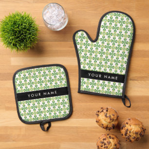 Ensemble De Gant De Cuisine Et De Manique Motif de feuille, Feuilles vertes, Votre nom
