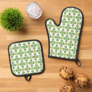 Ensemble De Gant De Cuisine Et De Manique Motif de feuille, motif de feuilles, feuilles vert