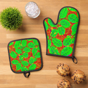 Ensemble De Gant De Cuisine Et De Manique Motif de feuille verte luxuriante