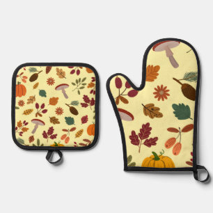 Ensemble De Gant De Cuisine Et De Manique Motif de feuilles d'automne et de récolte