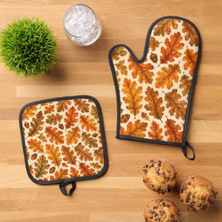 Ensemble De Gant De Cuisine Et De Manique Motif de feuilles de chêne d'automne | Esthétique