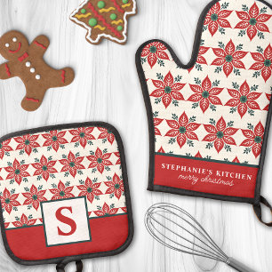 Ensemble De Gant De Cuisine Et De Manique Motif de fleur de poinsettia rouge floral monogram