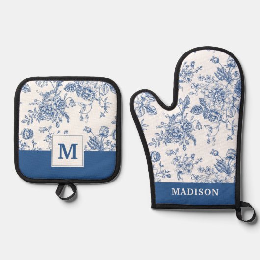 Ensemble De Gant De Cuisine Et De Manique Motif de fleurs bleues (Recto)