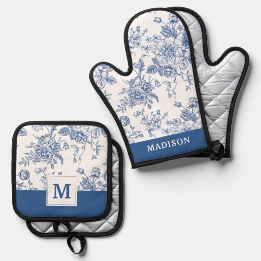 Ensemble De Gant De Cuisine Et De Manique Motif de fleurs bleues (Recto/Verso)