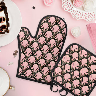 Ensemble De Gant De Cuisine Et De Manique Motif de fleurs géométriques Art déco