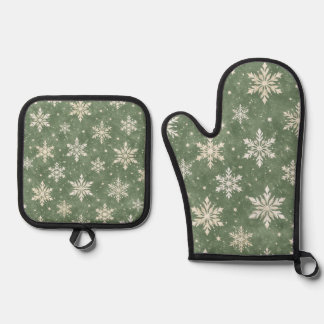 Ensemble De Gant De Cuisine Et De Manique Motif de flocon de neige à l'aquarelle Sage
