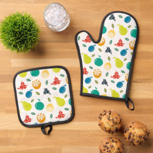 Ensemble De Gant De Cuisine Et De Manique Motif de fruits, Plum, Orange, Citron, Poire, Pomm