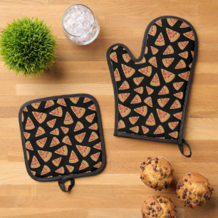 Ensemble De Gant De Cuisine Et De Manique Motif de la fête de Pizza Noir