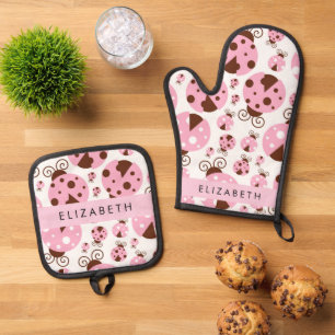 Ensemble De Gant De Cuisine Et De Manique Motif De Ladybugs, Ladybugs Rose, Votre Nom