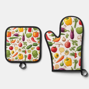 Ensemble De Gant De Cuisine Et De Manique Motif de légumes du jardin feuillus de printemps