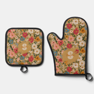 Ensemble De Gant De Cuisine Et De Manique Motif de marguerite coloré vintage - moutarde