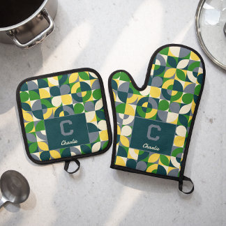 Ensemble De Gant De Cuisine Et De Manique Motif de monogramme géométrique abstrait Bauhaus m
