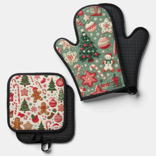 Ensemble De Gant De Cuisine Et De Manique Motif de Noël rouge et vert