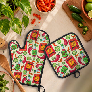 Ensemble De Gant De Cuisine Et De Manique Motif de nourriture épicée ludique