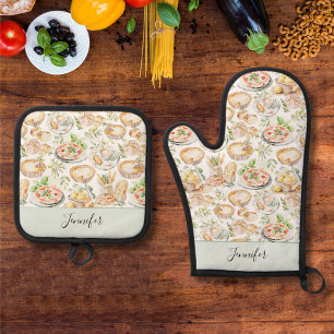 Ensemble De Gant De Cuisine Et De Manique Motif de nourriture méditerranéenne à l'aquarelle