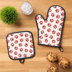 Ensemble De Gant De Cuisine Et De Manique Motif de pattes, pattes de chien, pattes rouges