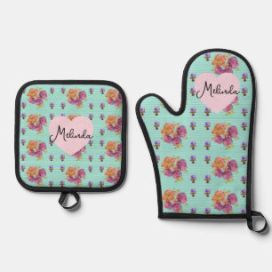 Ensemble De Gant De Cuisine Et De Manique Motif de roses roses rose rose aqua nom de femme