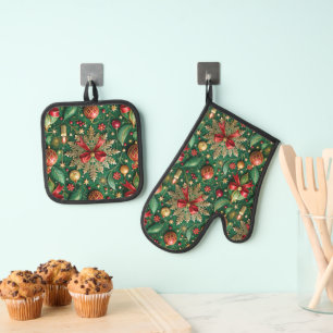 Ensemble De Gant De Cuisine Et De Manique Motif de thème de Noël Flocon de neige doré