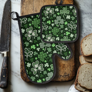 Ensemble De Gant De Cuisine Et De Manique Motif de trèfle celtique Cœurs irlandais verts